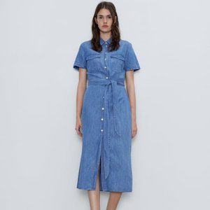 Zara Premium Denim Midi Shirt Dress with Tie